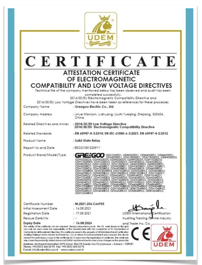 Solid state relay CE certificate