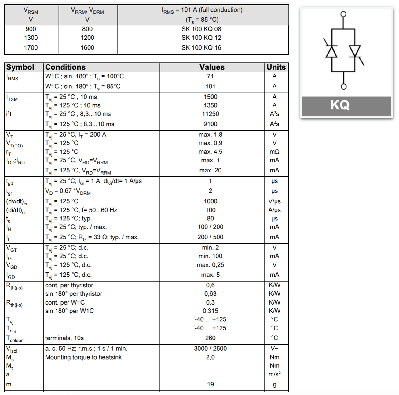 Antiparallel Thyristor Module 100A SK100KQ08,SK100KQ12,SK100KQ16