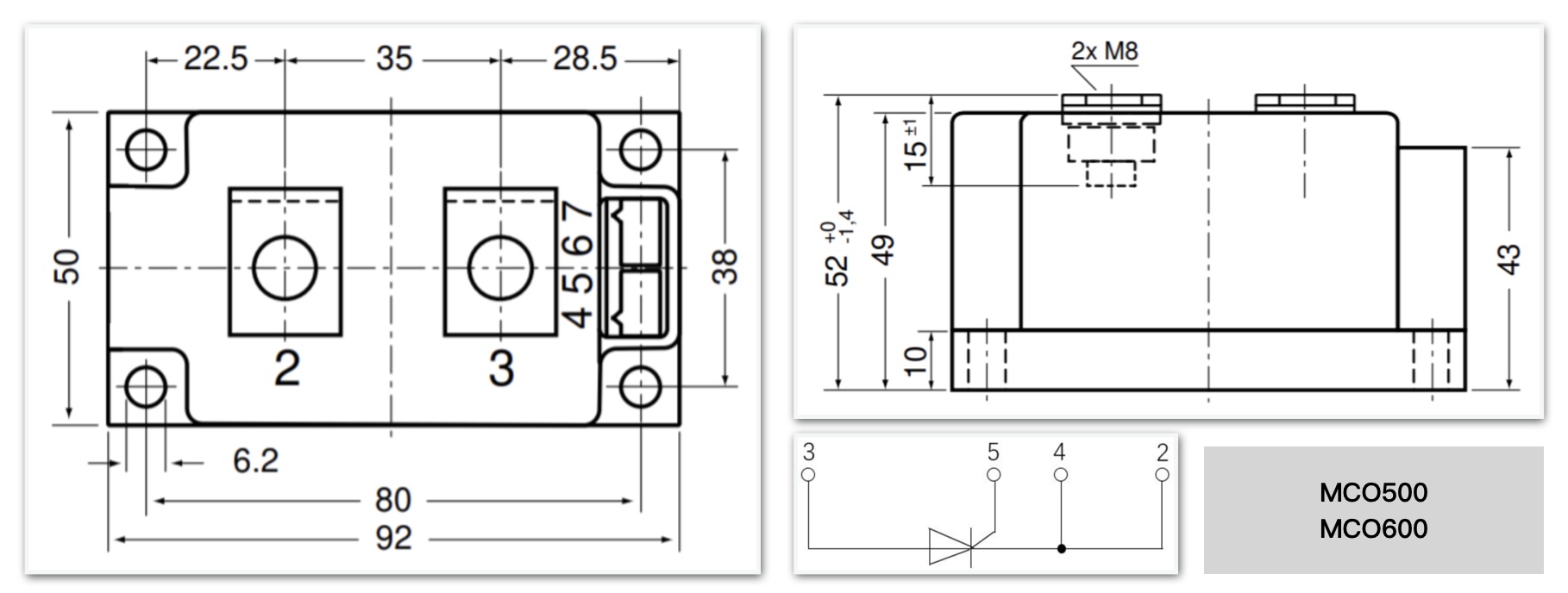 MCO500 MCO600 single thyristor module dimensions