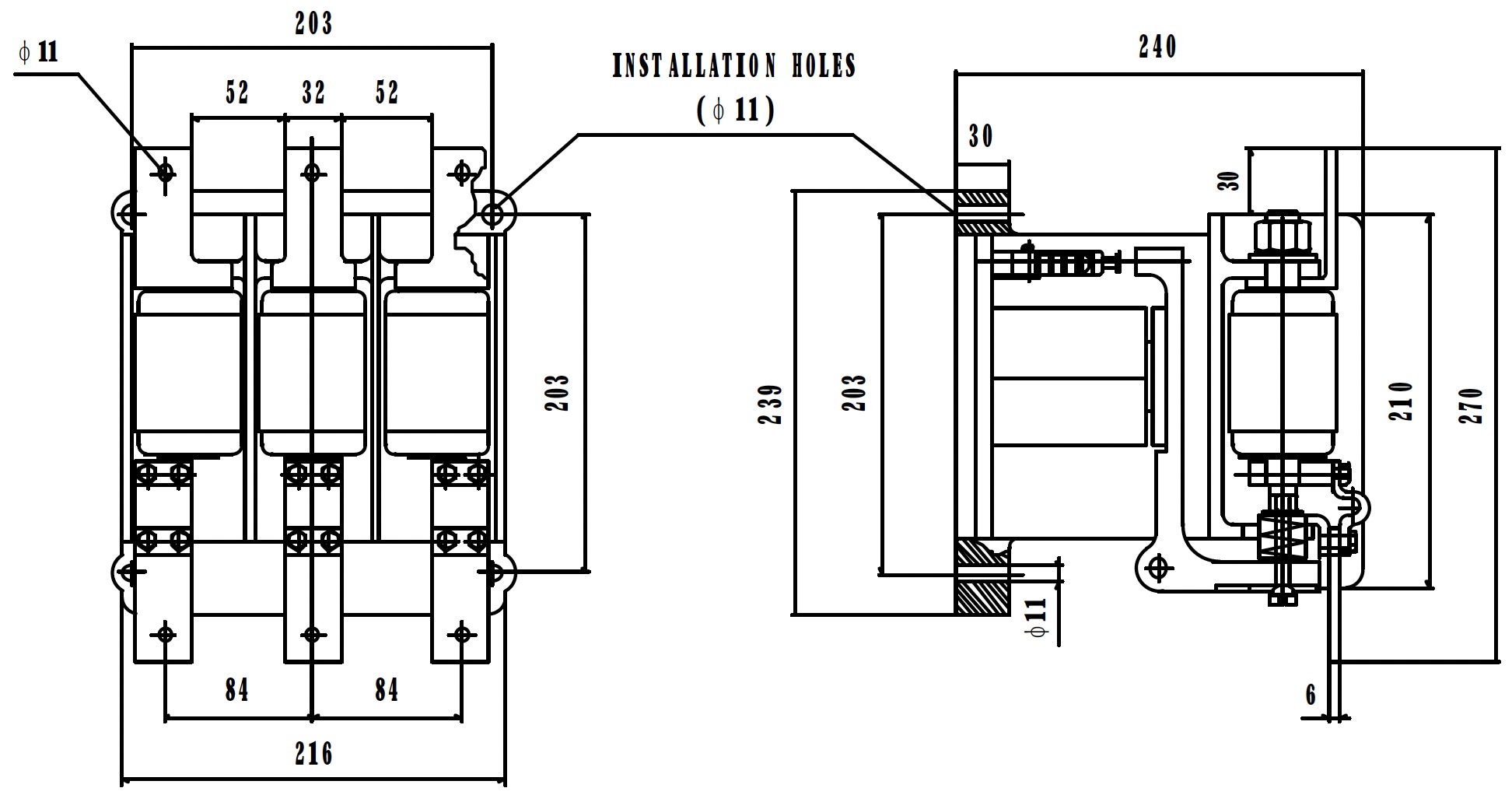 3.3KV 3.6KV Vacuum contactor outline dimensions